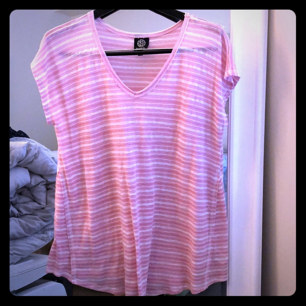 Pink and white striped t shirt. Covers your bottom